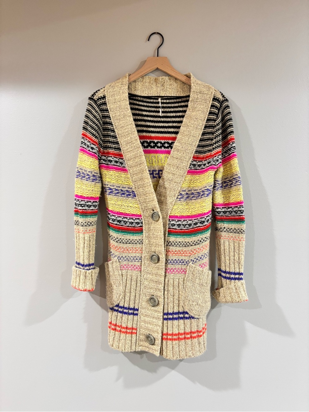 Free People Wool Cardigan Multicolor Striped Button-Up Cardigan Sweater Small - Picture 1 of 5